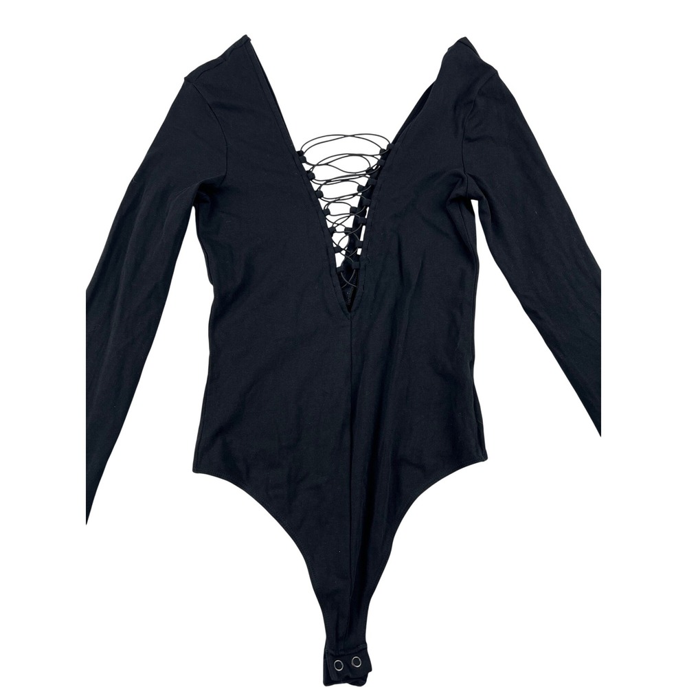 EXPRESS Black Long Sleeve Lace Up Plunge Neck Bodysuit Women's Size S